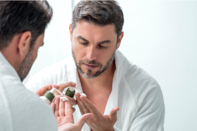 Ein Mann im Bademantel nutzt eine vegane Gesichtscreme und verwendet die Naturkomsetikproukte von Macrovita &amp; Olive-elia